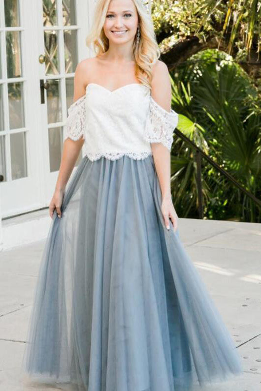 Two Piece Floor Length Prom Dress with Lace, 2 Piece Off Shoulder Tulle Bridesmaid Dress N1452