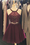 Two Piece Tulle Homecoming Dresses with Beading A Line Sleeveless Short Graduation Dresses N2128