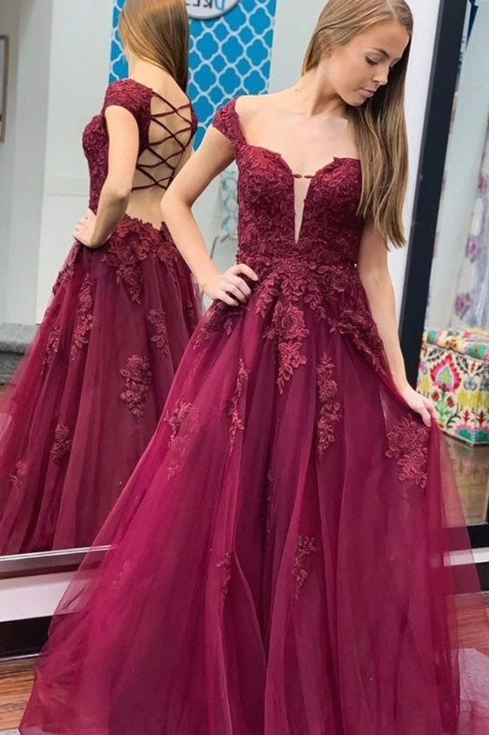 A-Line Tulle Burgundy Lace Appliques Formal Evening Dress Long Prom Dress