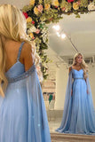 Sky Blue A-Line Beading Evening Dresses Chiffon Long Prom Dresses