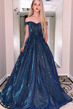 A Line Off The Shoulder Blue Sweetheart Formal Evening Dresses Long Prom Dresses