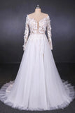 White A Line Tulle Long Sleeves Wedding Gown, Cheap Bridal Dress with Lace Appliques N2308