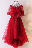 Unique Sweetheart Red High Low Lace Up Back Tulle Cheap Prom Dress With Appliques N824