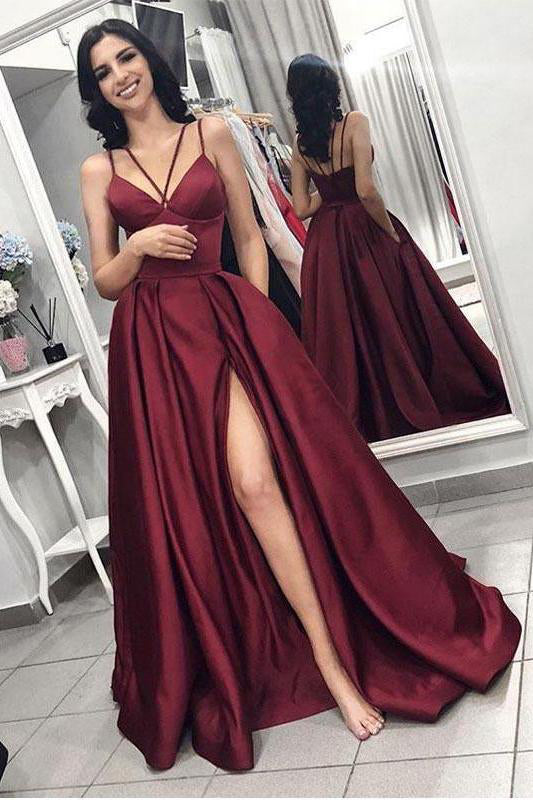 Unique Spaghetti Strap Satin Prom Dress with High Slit, Sexy Burgundy Evening Dress N1542