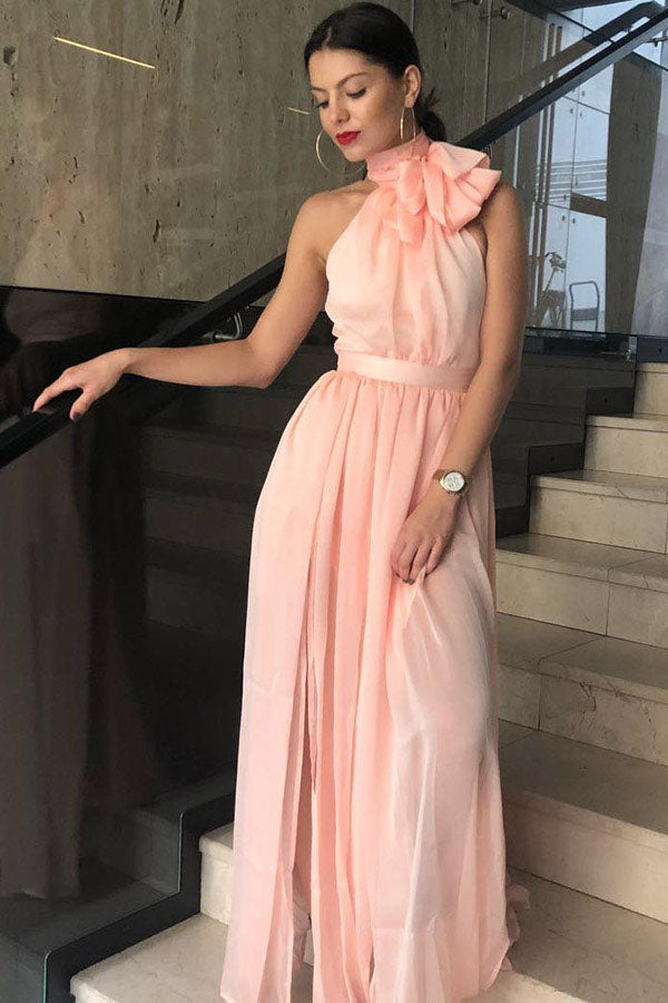 Unique A-Line High Neck Chiffon Long Prom Dress, Cheap Sleeveless Long Formal Dress