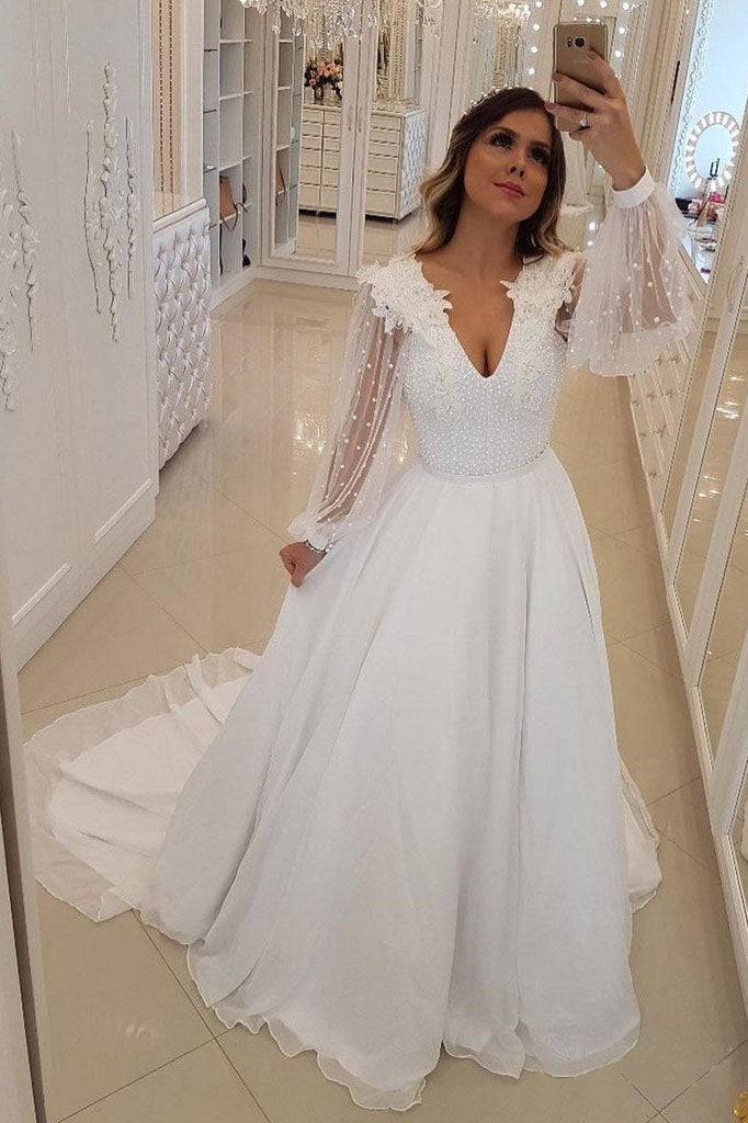 A Line Long Sleeves V Neck Long Prom Dresses, White Beach Wedding Dress with Beading N1721