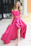 Fuchsia Off Shoulder Prom Dresses with Lace Two Piece Long Satin Formal Dresses N1154