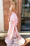 Mermaid Halter Pink Formal Dress with Lace, Sexy Long Backless Satin Prom Dresses
