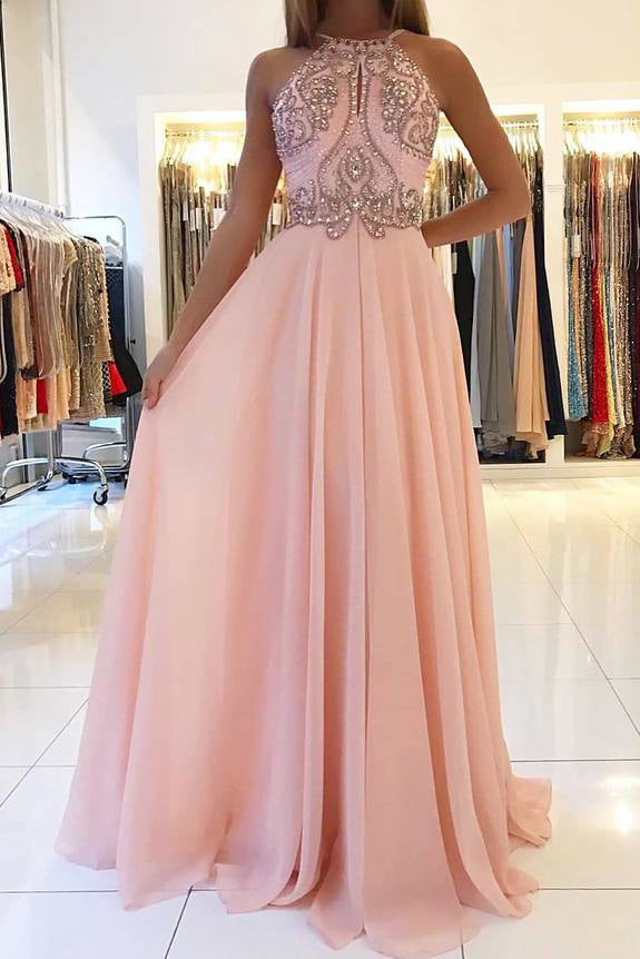 Blush Pink Chiffon Prom Dress with Beading Rhinstone, Flowy Backless Graduation Dress N1745