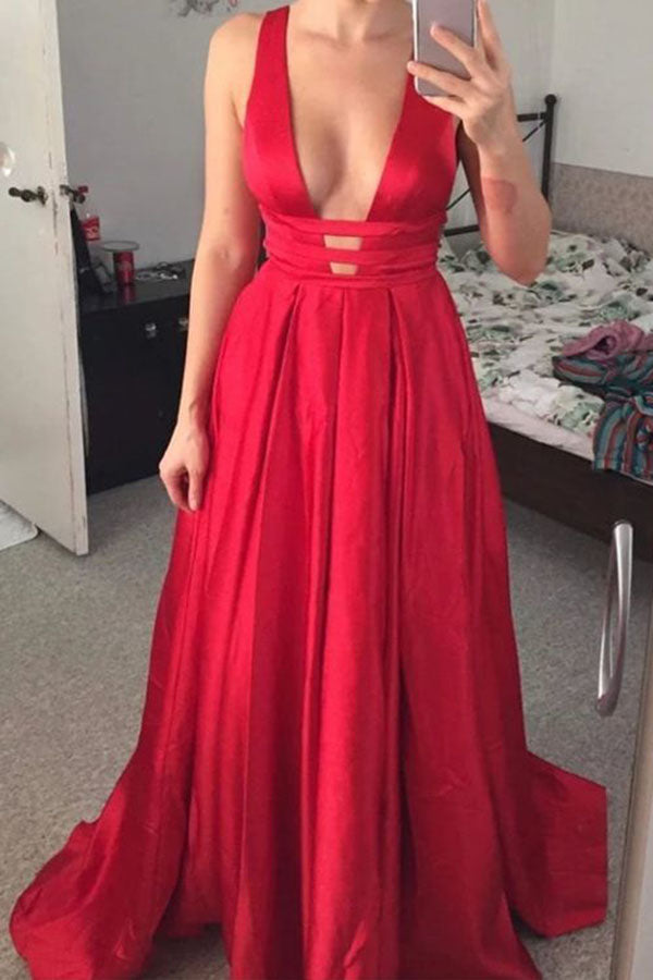 Unique V Neck Red Sleeveless Long Prom Dress, A Line Evening Dress with Open Back N1249