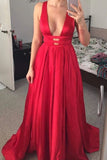 Unique V Neck Red Sleeveless Long Prom Dress, A Line Evening Dress with Open Back N1249