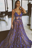 Purple Lace Spaghetti Straps Nude Lining Long Sexy Prom Dress, Long Party Dresses N1712