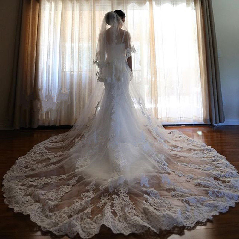 Ivory 3.5M Long Cathedral Length 2 Tiers Lace Tulle Bridal Wedding Veil V013