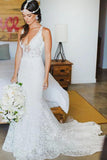 Romantic Deep V Neck Sleeveless Lace Wedding Dress, Mermaid Wedding Dresses with Train N2488