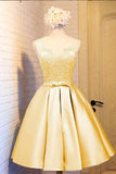 A Line V-Neck Sleeveless Satin Graduation Dresses with Lace Appliques Cute Homecoming Gown N2061