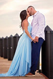 Sexy Sky Blue V-Neck Spaghetti Straps Pleated Long Prom Dresses