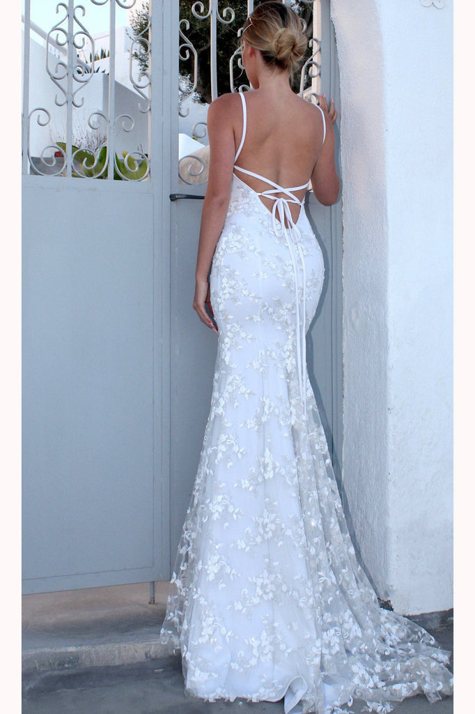 Spaghetti Strap V-Neck Mermaid Prom Dresses Sexy Backless Lace Beach Wedding Dresses N1387