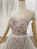 Gorgeous Sheer Neck Long Train Wedding Dresses Sparkly Short Sleeves Prom Dresses N2636