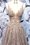 Glitter Spaghetti Straps V-Neck Long Prom Dresses with Lace Appliques N2455