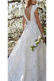 Elegant V-Neck Cap Sleeves Lace Floral Wedding Dress N1788