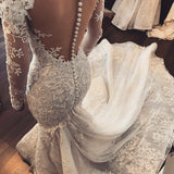 Gorgeous Mermaid Illusion Long Sleeves Tulle Appliques Wedding Dresses