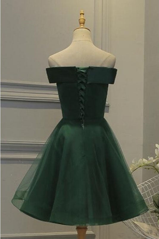 A Line Off the Shoulder Dark Green Tulle Homecoming Dresses