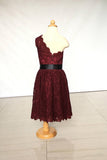 A Line One-shoulder Burgundy Lace Dresses for Girls and Baby Flower Girl Dresses with Sash F031