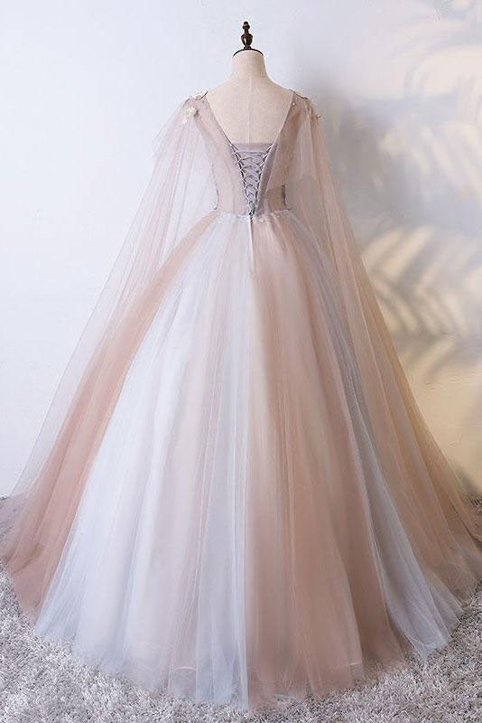 Ball Gown V Neck Tulle Prom Dress with Appliques Quinceanera Dress N2392