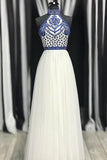 White High Neck Long Prom Dresses with Royal Blue Embroidery Charming Party Dresses N1655