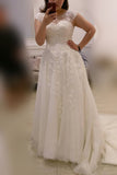 A-line Plus Size Ivory Cap Sleeves Sweep Train Lace Appliques Tulle Wedding Dresses,N447