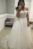 Ivory A-line Floor-length Off-the-shoulder Tulle Bridal Dress with Shoulder Yarn,N445