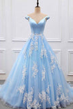 Sky Blue V-neck A-Line Lace Appliques Tulle Prom Dresses,Formal Women Dress,N418