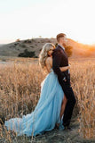 Sexy Sky Blue V-Neck Spaghetti Straps Pleated Long Prom Dresses