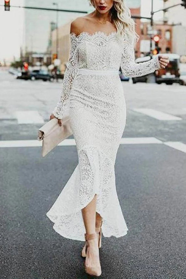 High Low Long Sleeves Mermaid Lace Wedding Dresses Off the Shoulder Lace Bridal Dresses N2257