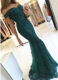 Dark Green Off-the-shoulder Mermaid Tulle Prom Dress with Beads,Evening Gown,N432