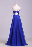 Royal Blue Floor Length Chiffon Prom Dresses with Rhinestone Belt Evening Dresses with Pleats N1203