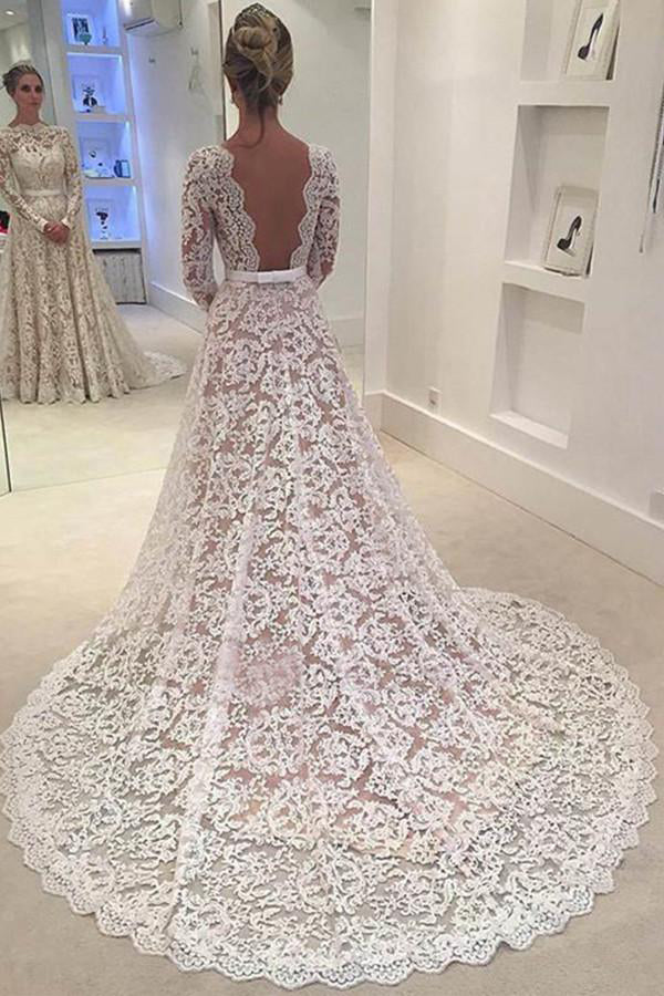 Elegant Ivory A-line Bateau Lace Long Sleeve Backless Wedding Dress With Court Train,N347