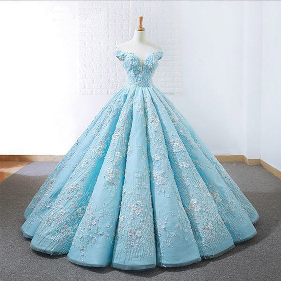 Gorgeous Light Blue Off The Shoulder Lace Appliqued Ball Gown Prom Dresses