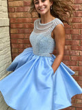 Ice Blue Beading Satin Sleeveless Open Back Homecoming Dress Sparkly Prom Gown with Pockets