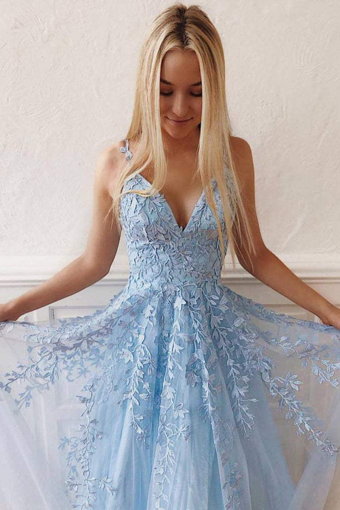 Light Sky Blue Straps V-Neck Prom Dresses with Lace Backless Long Formal Dresses N1736