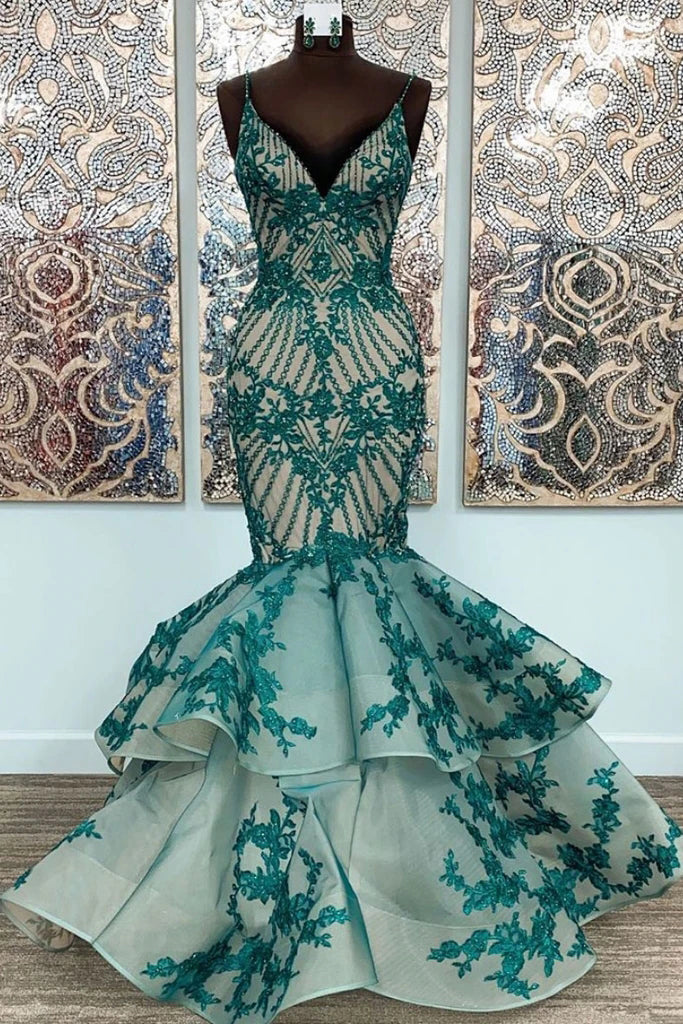 Mermaid Straps Lace Appliqued Long Formal Dresses Unique Floor Length Prom Gown N2650