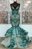 Mermaid Straps Lace Appliqued Long Formal Dresses Unique Floor Length Prom Gown N2650