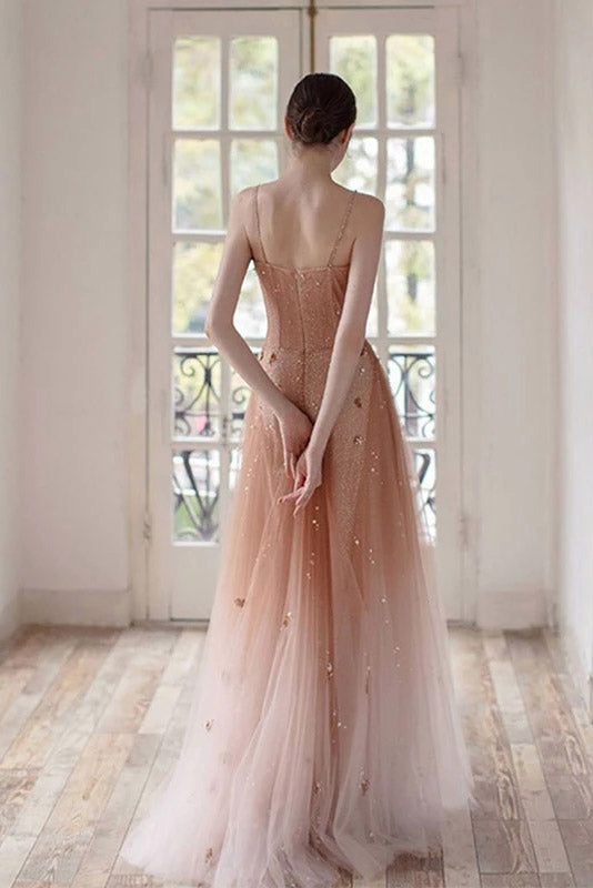 Unique Spaghetti Straps V-Neck Sleeveless Tulle Prom Dress N2090
