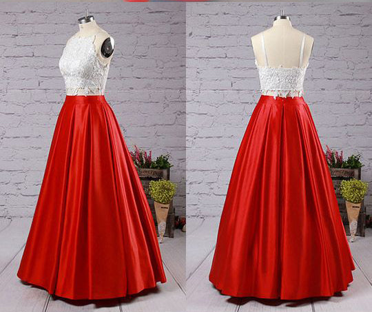 Two Piece Red Square Neck Satin with Appliques Lace Prom Dresses N426