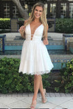 Deep V Neck Lace Sleeveless Homecoming Dress,Sexy Junior Dress,White Prom Gown,N316