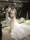 Trumpet Strapless Lace Tulle Court Train Wedding Dresses Lace Bridal Dresses N470