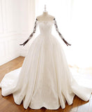 Ball Gown Long Sleeves Wedding Dresses with Lace Appliques Satin Bridal Gown N2582
