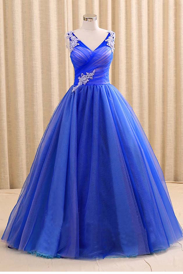 Royal Blue V Neck Sleeveless Prom Dress, Floor Length Long Quinceanera Dresses N1567