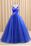 Royal Blue V Neck Sleeveless Prom Dress, Floor Length Long Quinceanera Dresses N1567