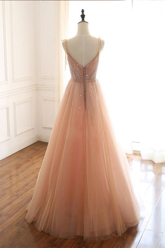 Sparkly Straps Sleeveless Long Tulle Prom Dresses with Beading Floor Length Evening Dresses N2592